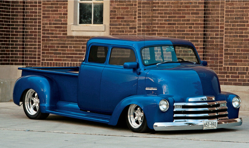 Blue Custom Pickup Truck — Calm, Afternoon, Photograph, Brick Building