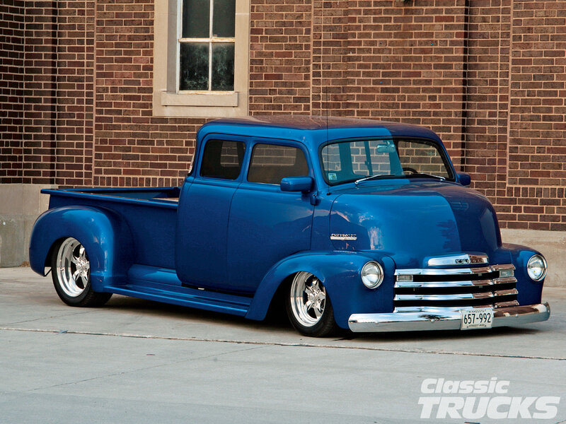 Blue Custom Pickup Truck — Calm, Afternoon, Photograph, Brick Building, Window