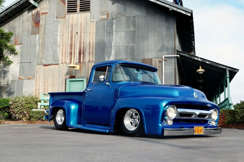 Blue Custom Pickup Truck — Calm, Afternoon, Photograph, Building, Hedge