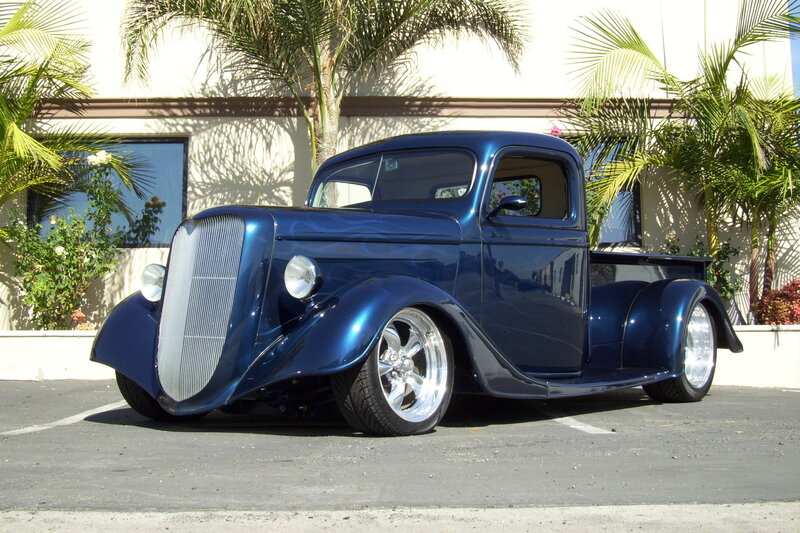 Blue Custom Pickup Truck — Calm, Afternoon, Photograph, Palm Trees