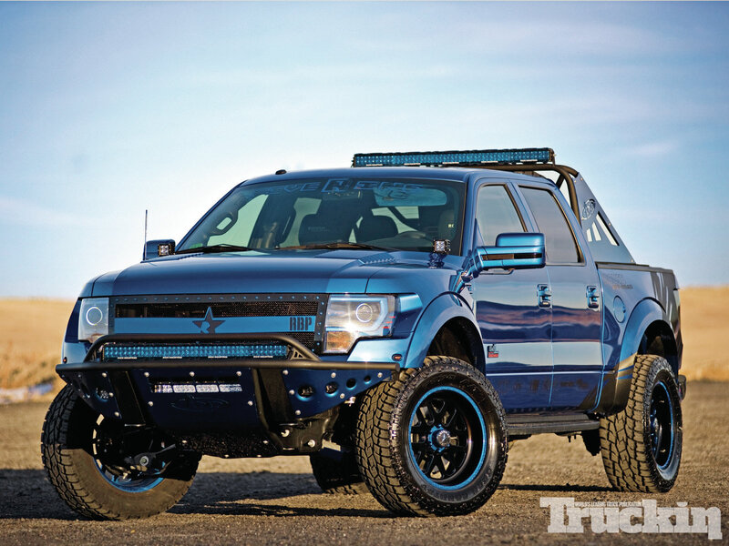 Blue Custom Pickup Truck — Dramatic, Afternoon, Photograph, Light Bar