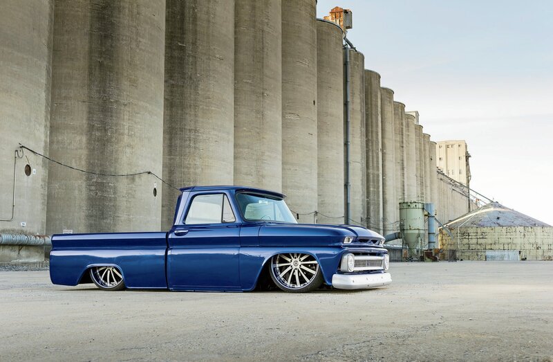 Blue Custom Pickup Truck — Dramatic, Afternoon, Photograph, Silos