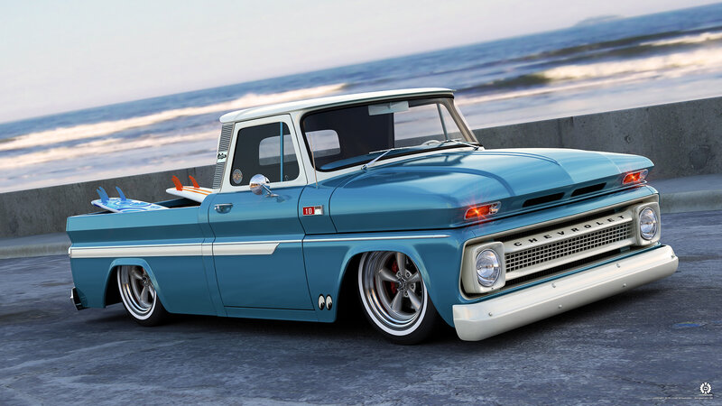 Blue Custom Pickup Truck — Serene, Sunset, Digital Art