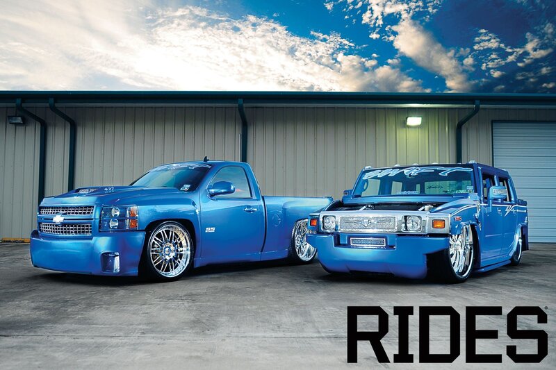 Blue custom trucks display