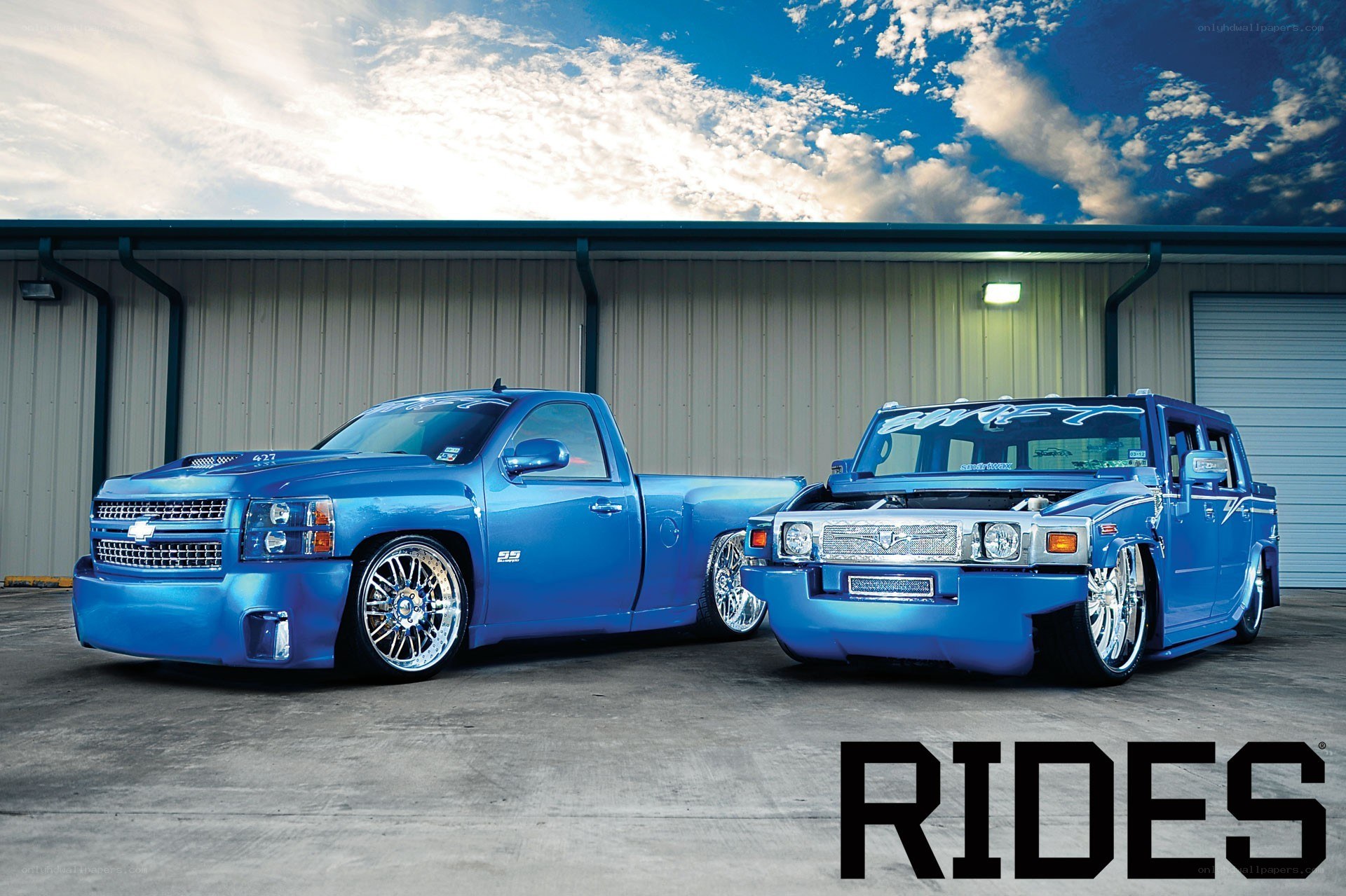 Blue custom trucks display