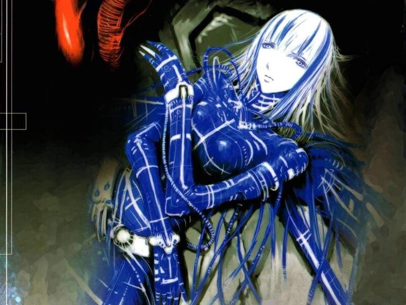 blue cyborg woman in dark setting