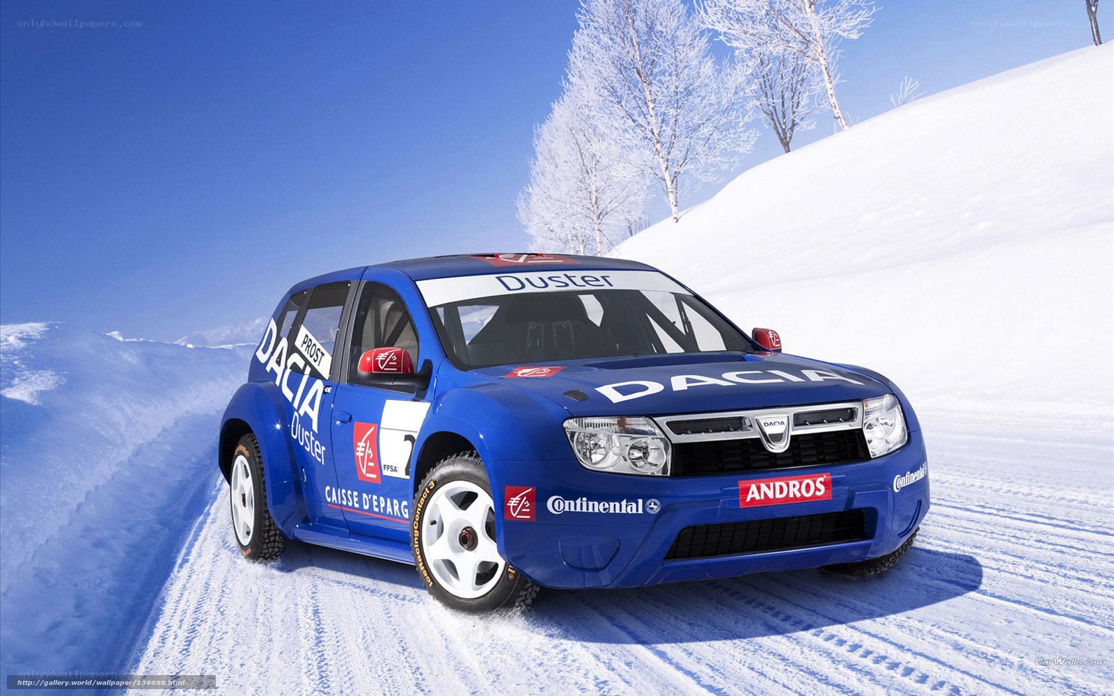 Blue Dacia rally car on snow
