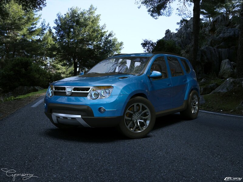 Blue Dacia SUV on a forest road