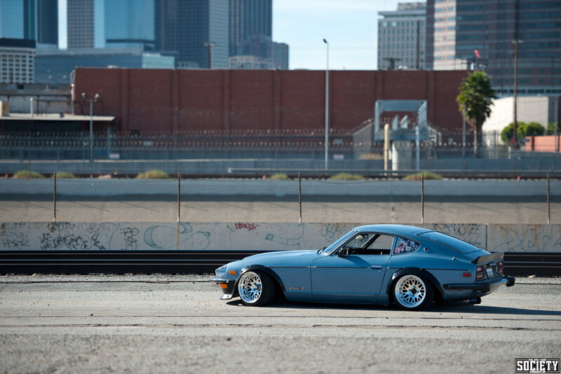 Blue Datsun 280Z on city street