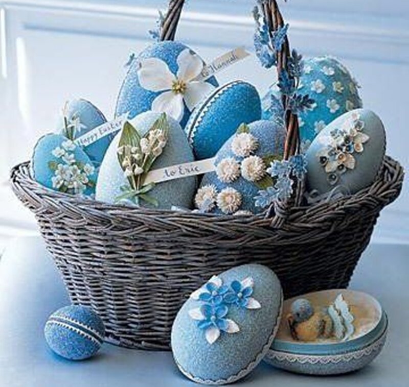 Blue Decorated Eggs in Basket
