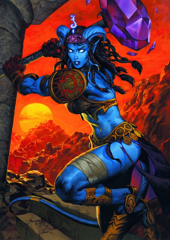 Blue demon warrior in fiery landscape