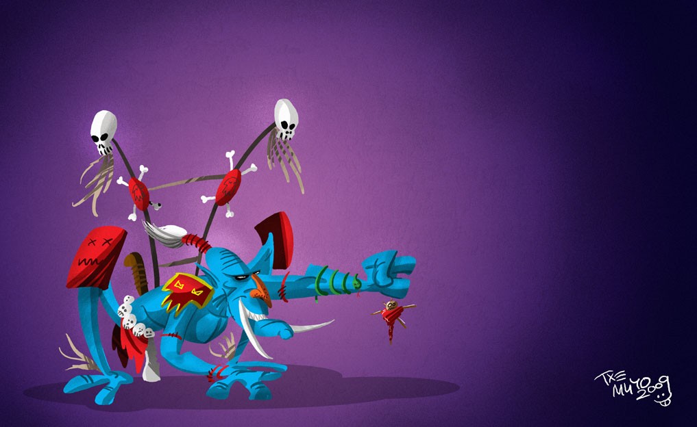 blue demon with skulls