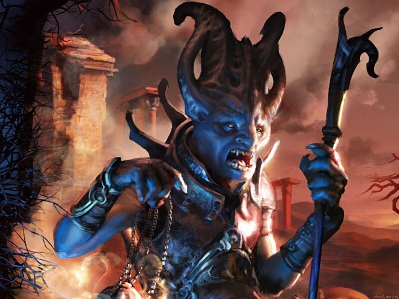 blue demon with staff