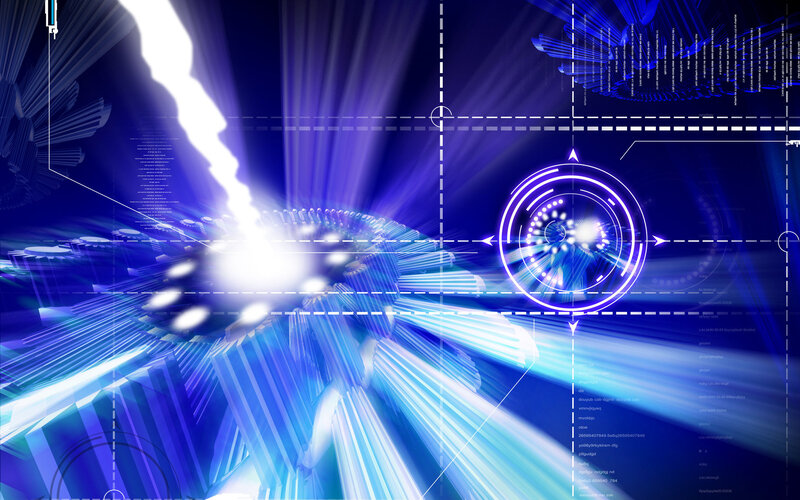 Blue Digital Interface — Futuristic, Digital Art, Light Beams, Circular Ui Element