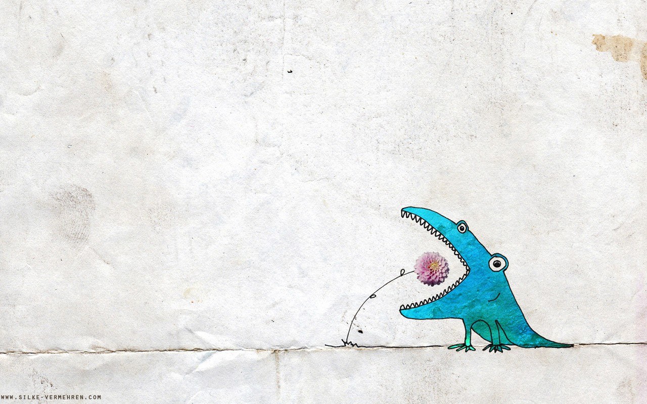 Blue dinosaur eating a flower