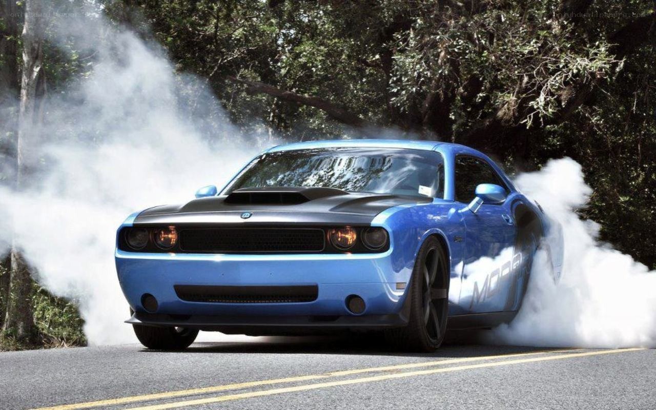 Blue Dodge Challenger burnout
