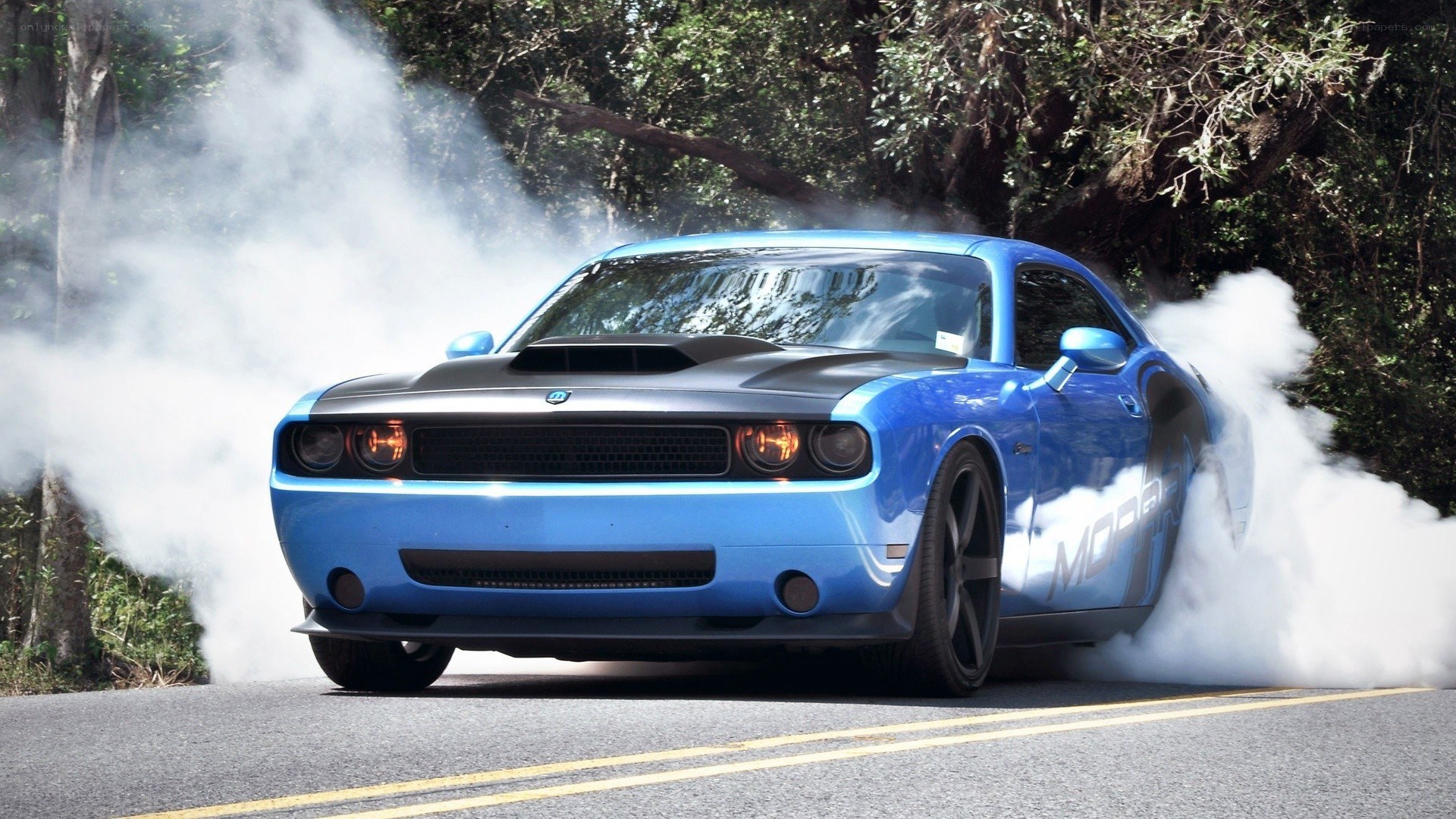 Blue Dodge Challenger burnout