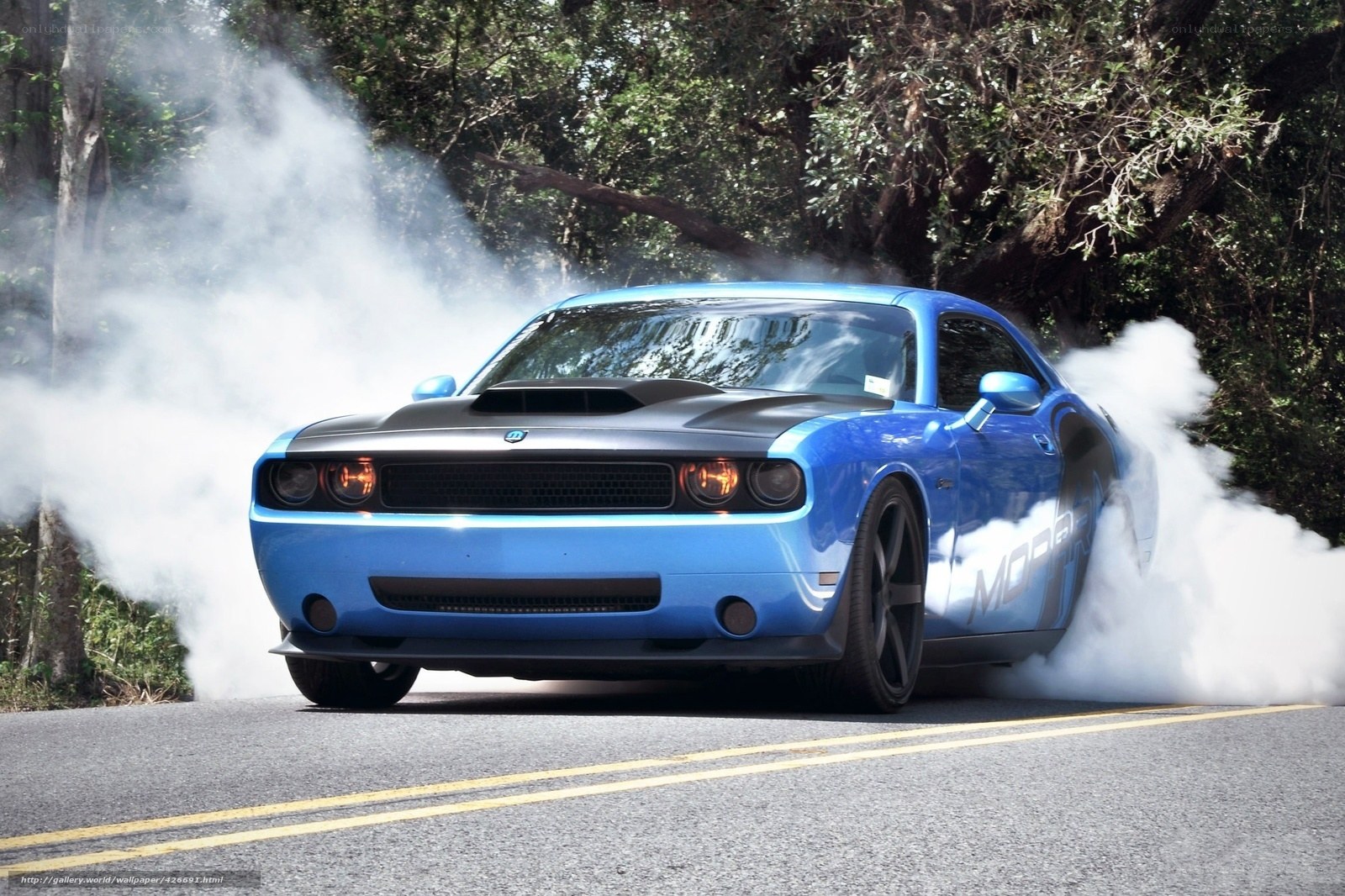 Blue Dodge Challenger burnout