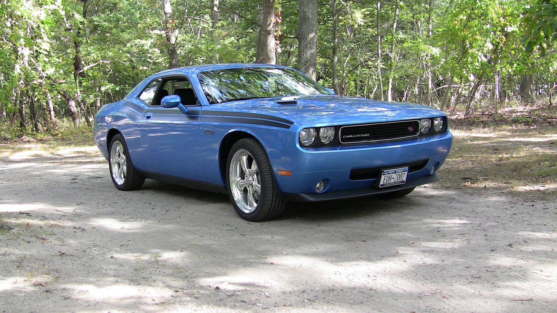 Blue Dodge Challenger in forest