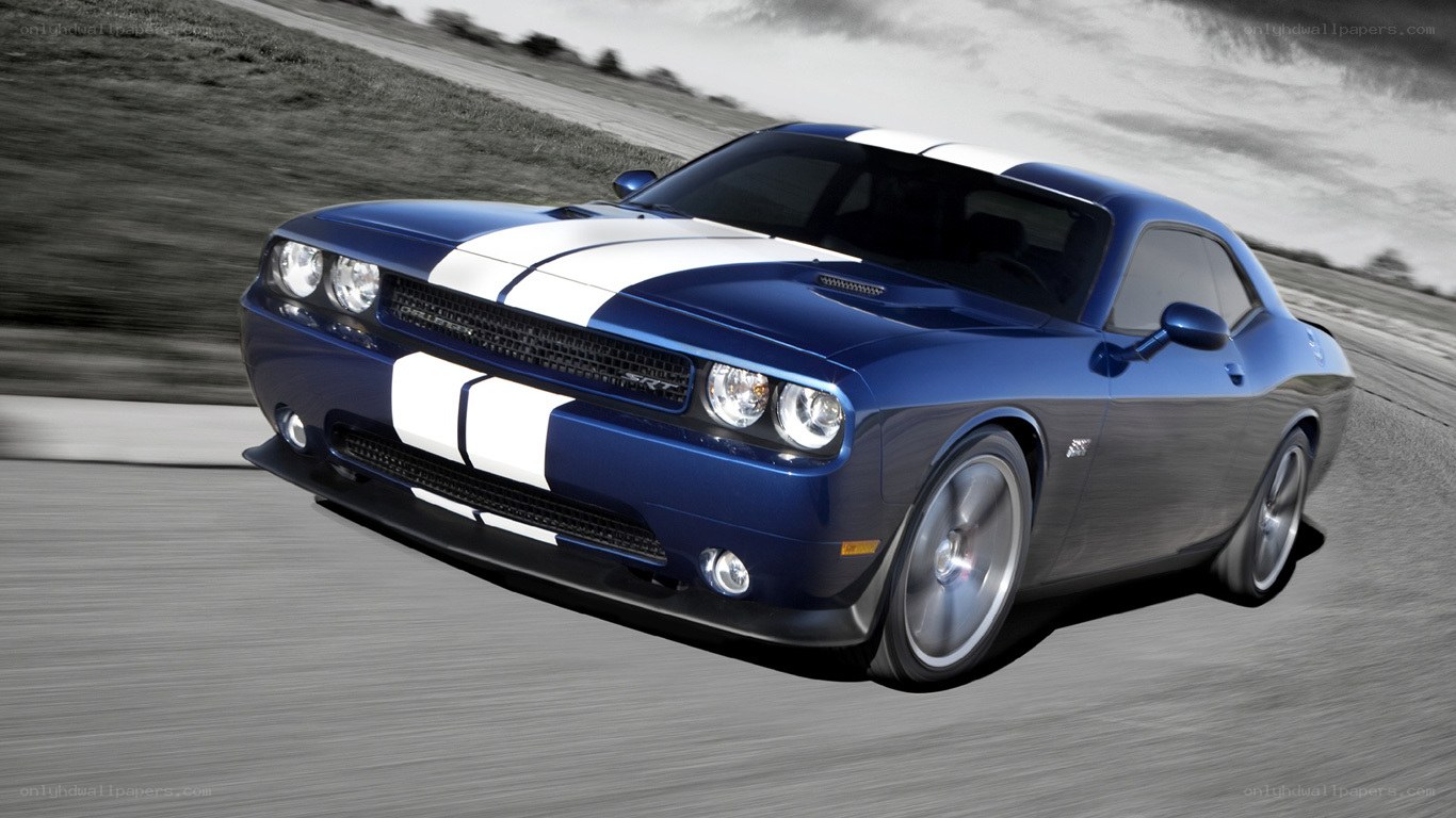 blue dodge challenger in motion
