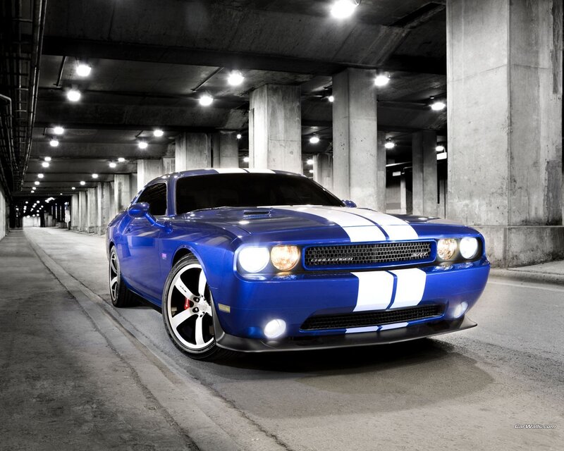 Blue Dodge Challenger in parking garage