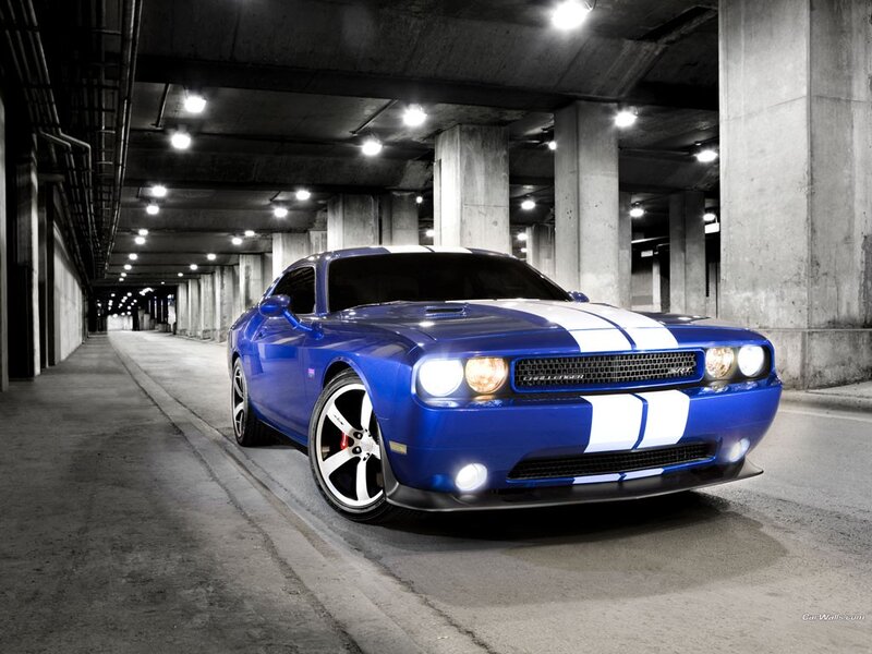 Blue Dodge Challenger in parking garage