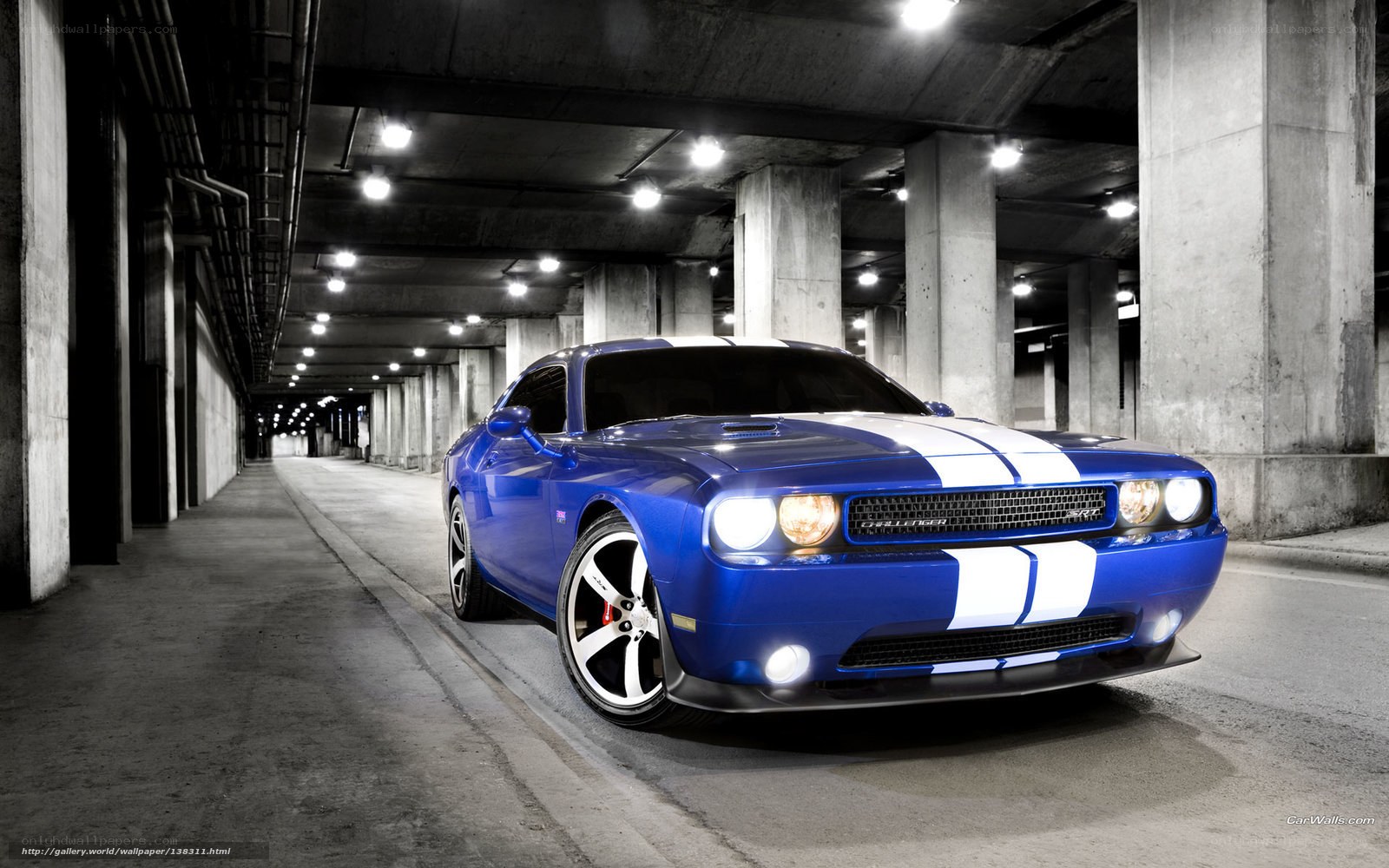 Blue Dodge Challenger in parking garage