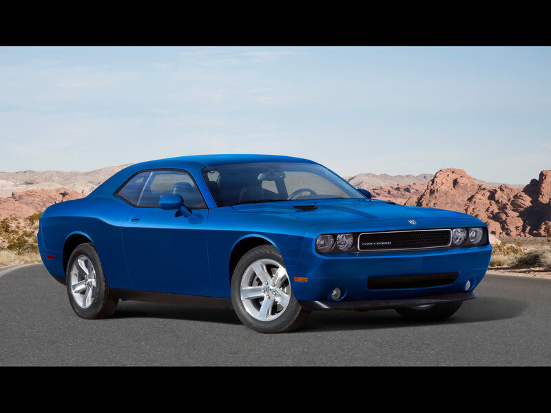 Blue Dodge Challenger on desert road