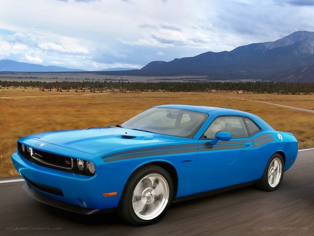 Blue Dodge Challenger on road