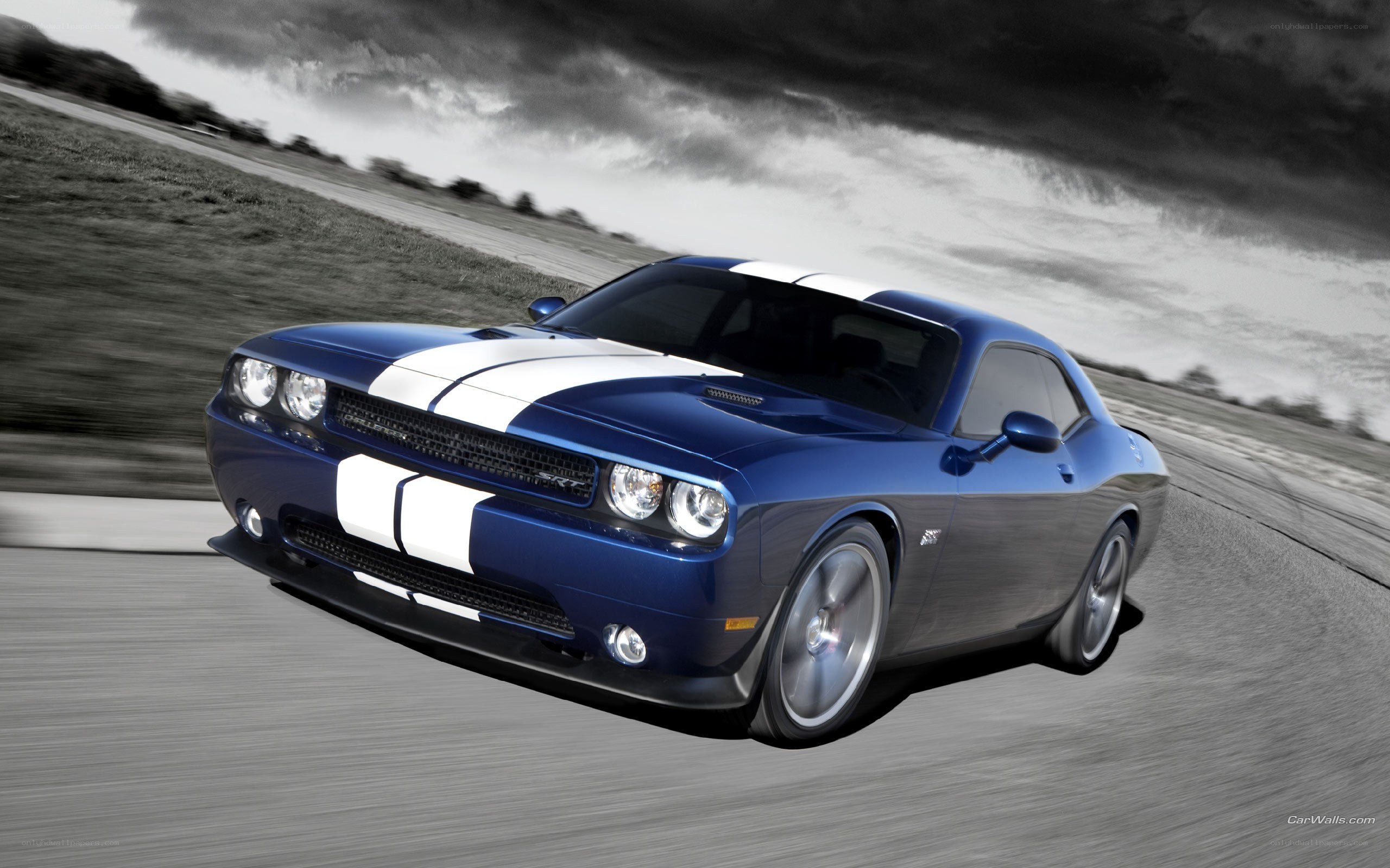 blue dodge challenger on track