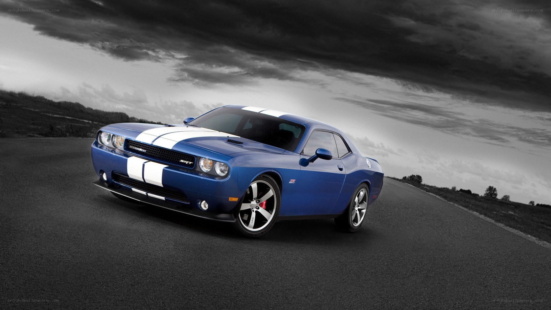 Blue Dodge Challenger SRT on road