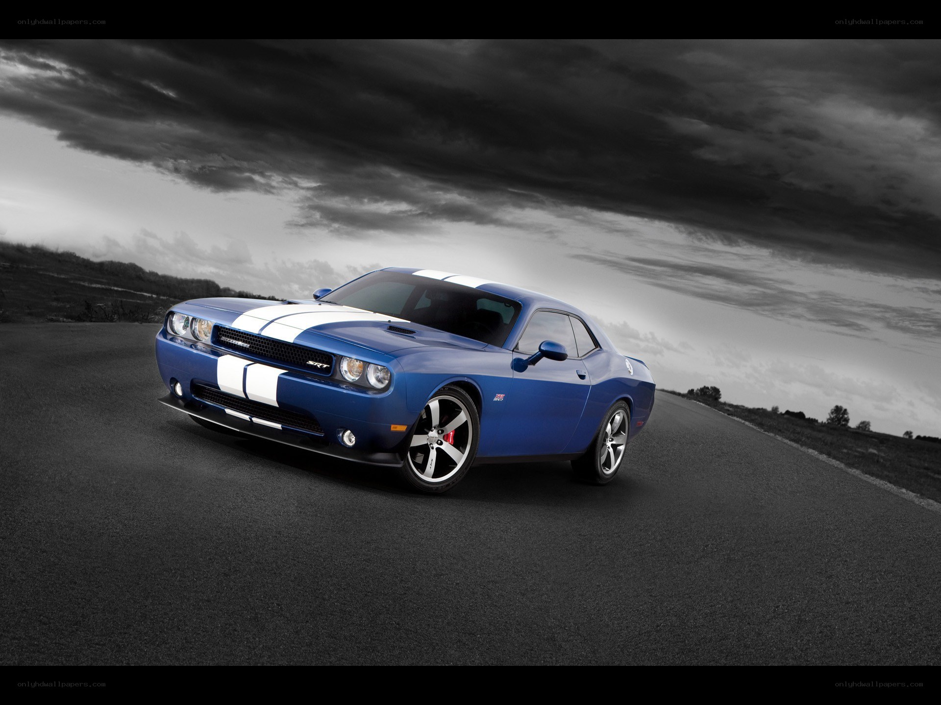 Blue Dodge Challenger SRT on road