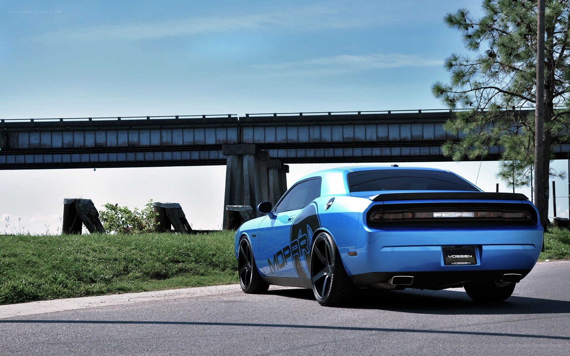 Blue Dodge Challenger under bridge