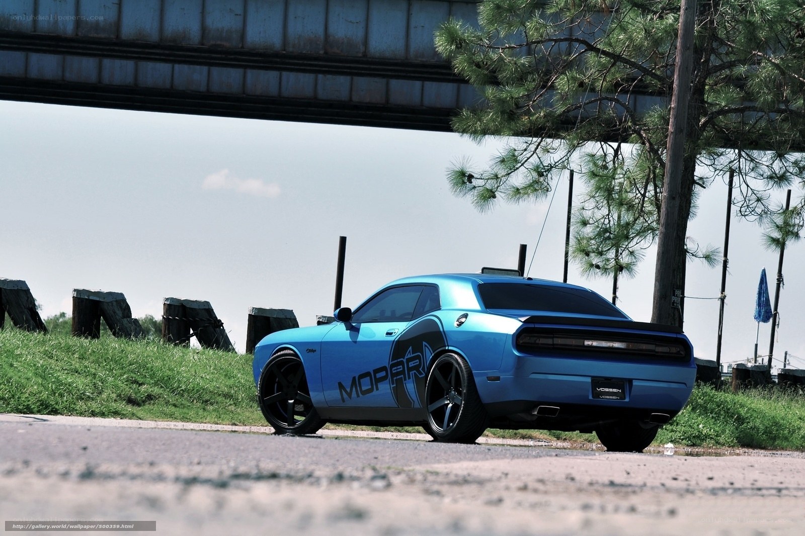 blue dodge challenger under bridge