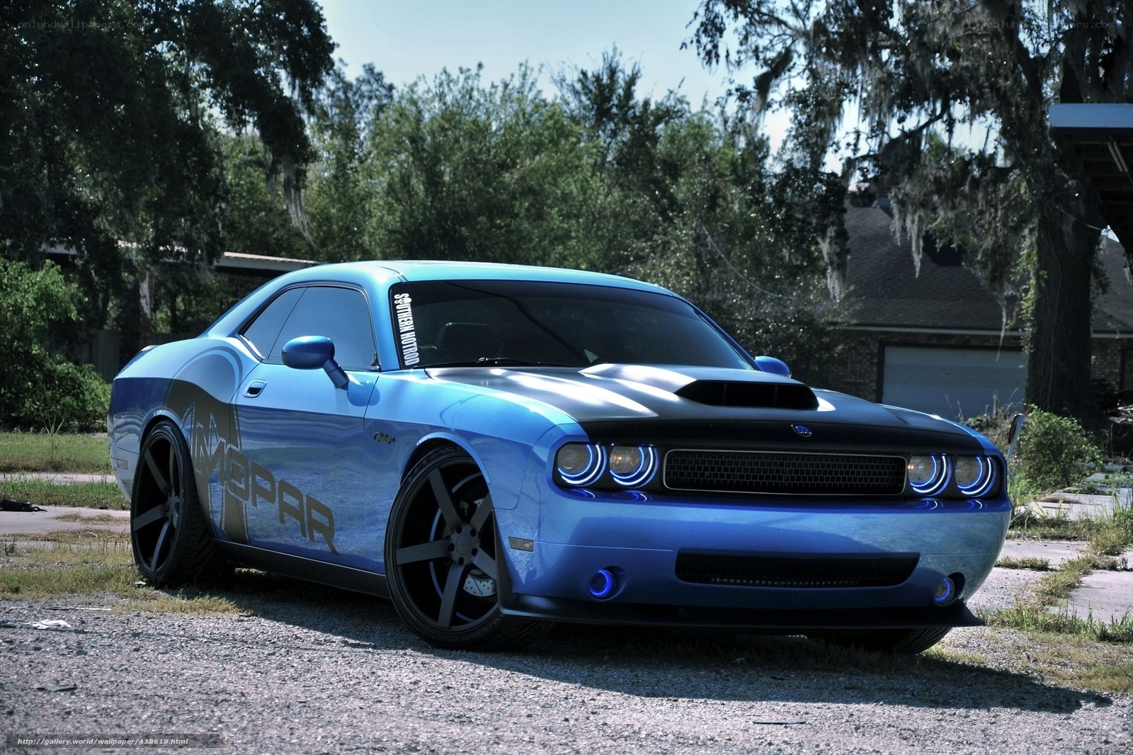 Blue Dodge Challenger with Mopar decals