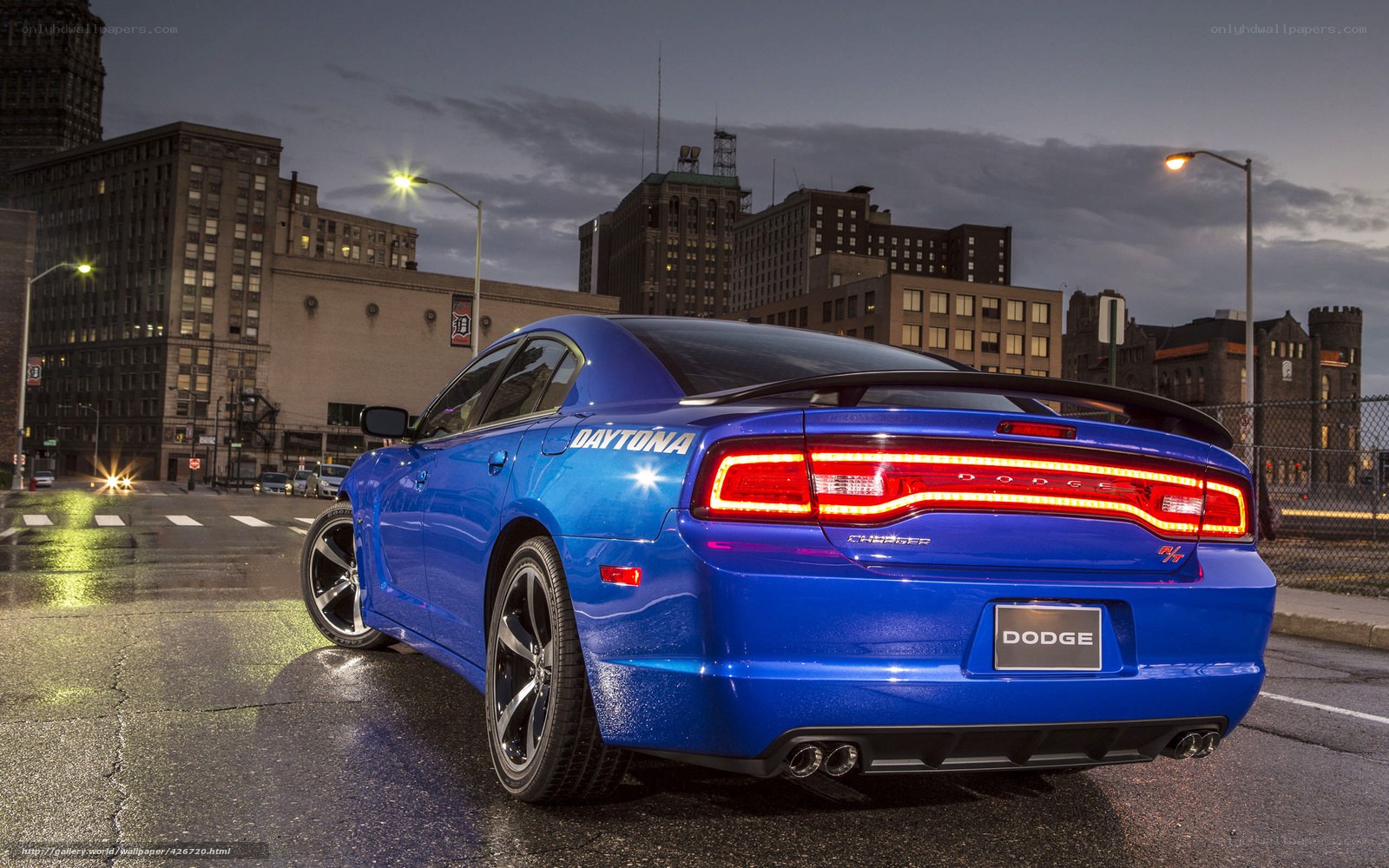 Blue Dodge Charger at dusk