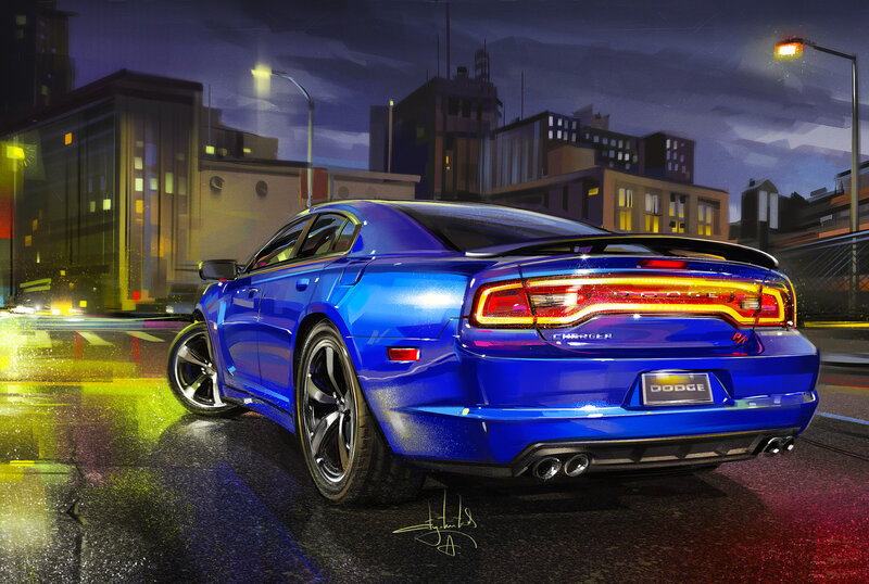Blue Dodge Charger — Dramatic, Night, Digital Art