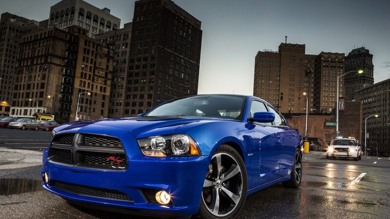 Blue Dodge Charger in city
