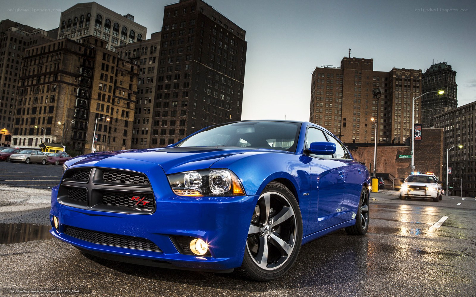 Blue Dodge Charger RT in city