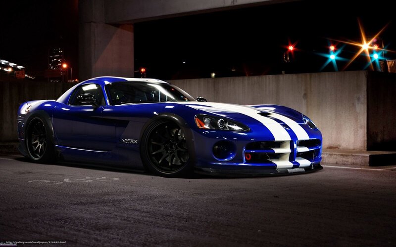 Blue Dodge Viper at night