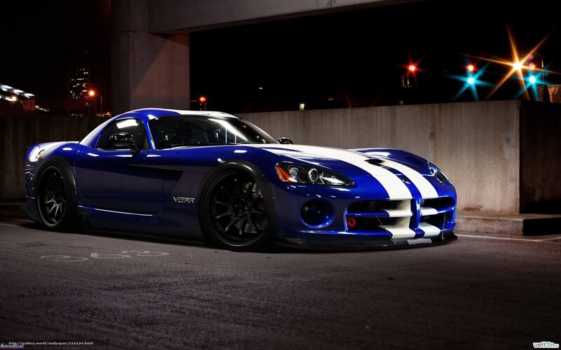 Blue Dodge Viper at night