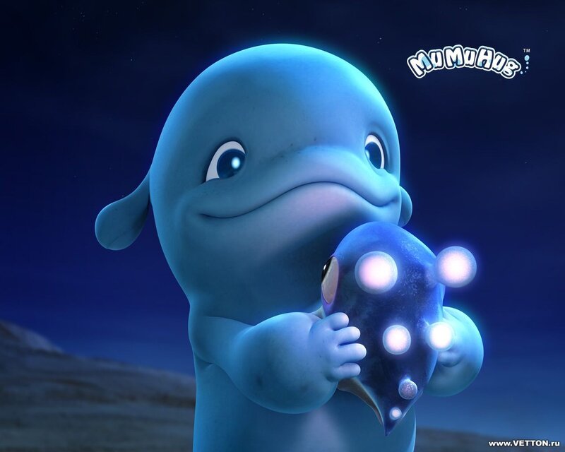 Blue dolphin holding glowing creature