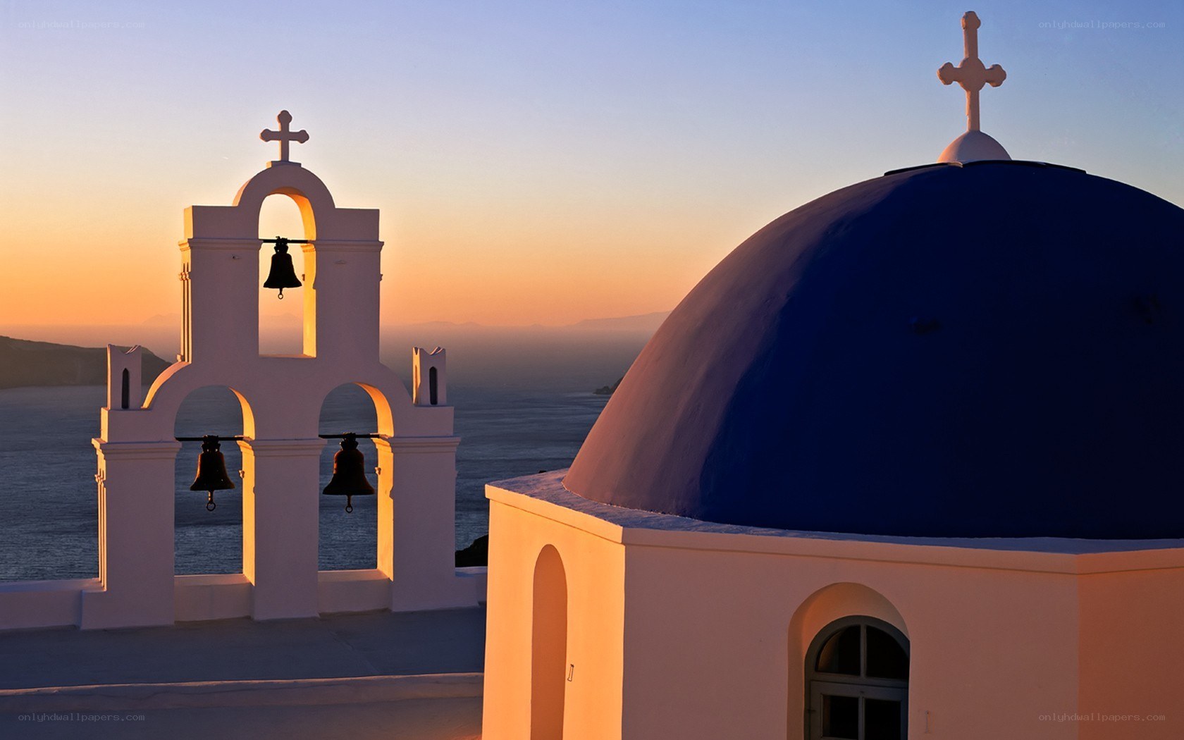 Blue dome church at sunset