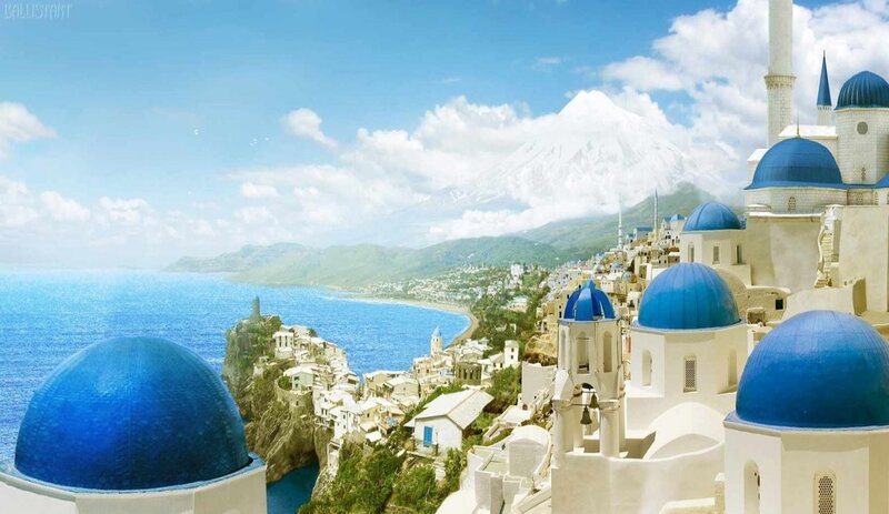 Blue-domed Buildings on Coast