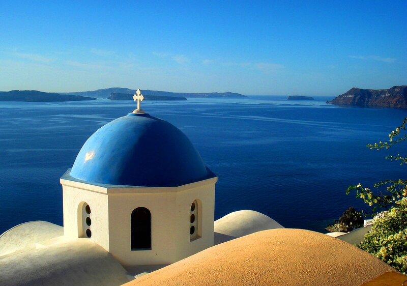 Blue-domed Church — Blue, Serene, Afternoon, Photograph, Sea