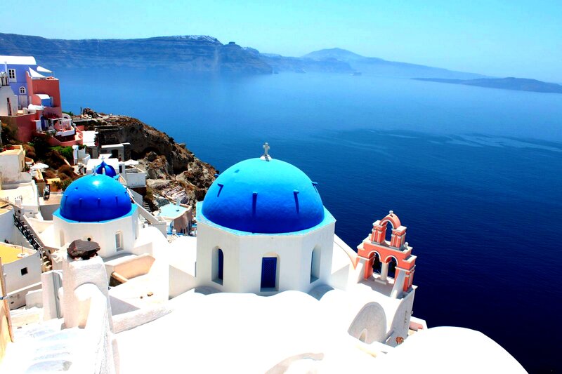 Blue-domed Church on Cliff — Blue, Serene, Afternoon, Photograph