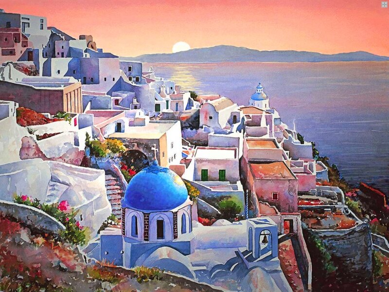 Blue-domed Church on Cliff — Blue, Serene, Sunset