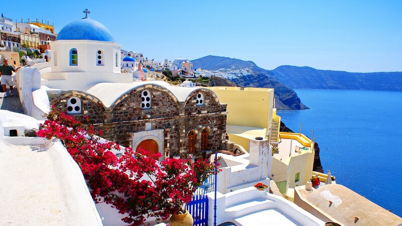 Blue-domed Church on Cliff — White, Serene