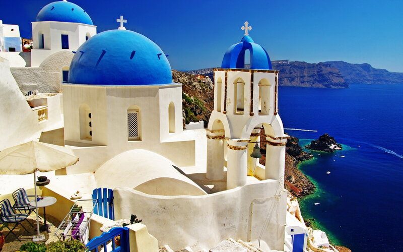 Blue-domed Church — White, Serene, Afternoon, Photograph, Sea
