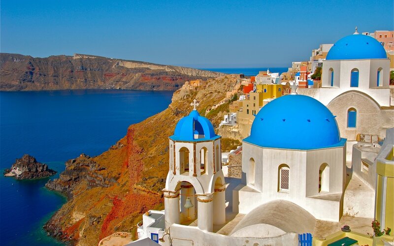 Blue-domed Churches — Blue, Serene, Afternoon, Photograph, Cliffs